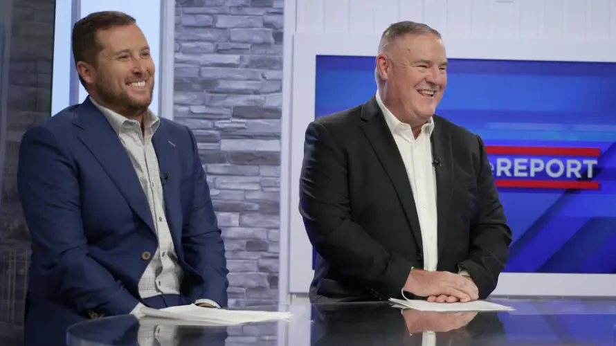 Mike in TV studio with Ryan